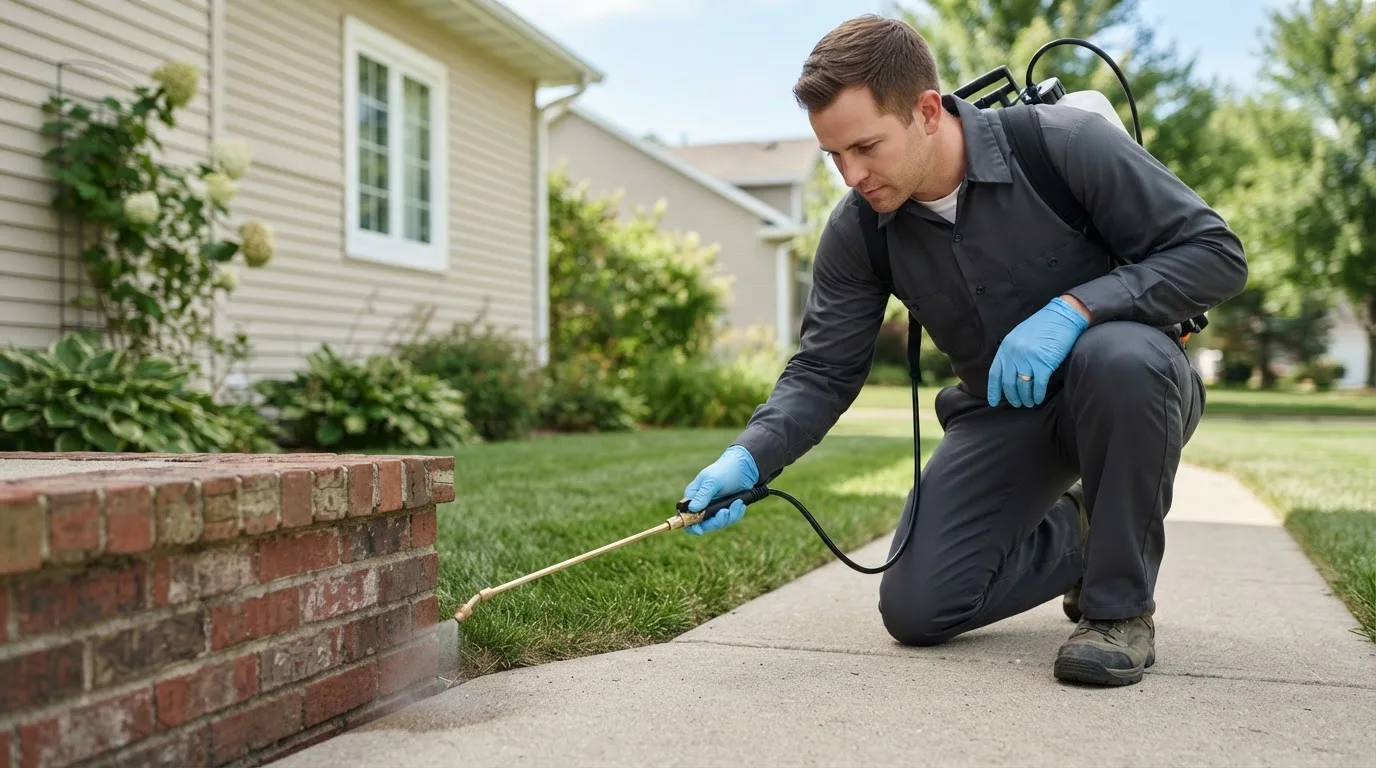 Pest control technician treating a home near Ford, KS