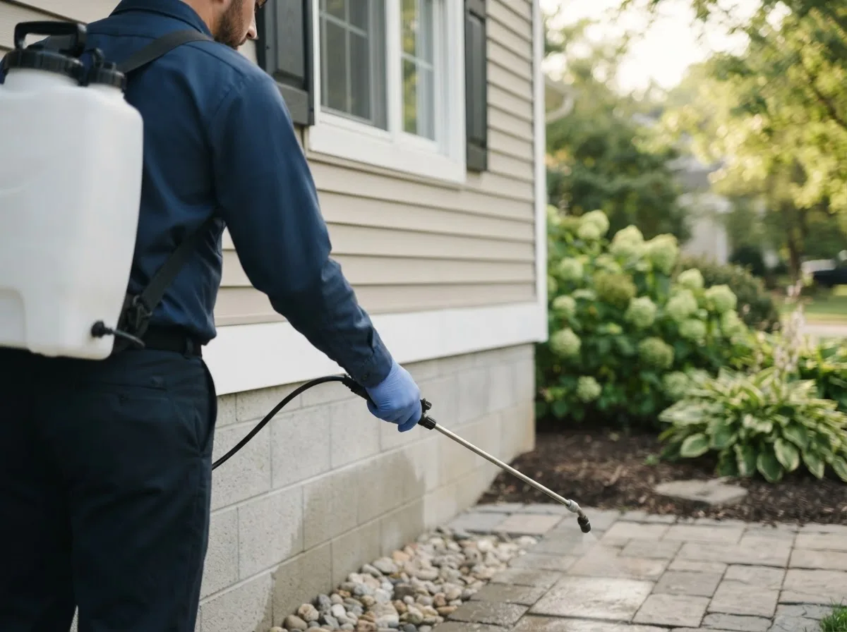 Pest control technician inspecting a home in Ford, KS